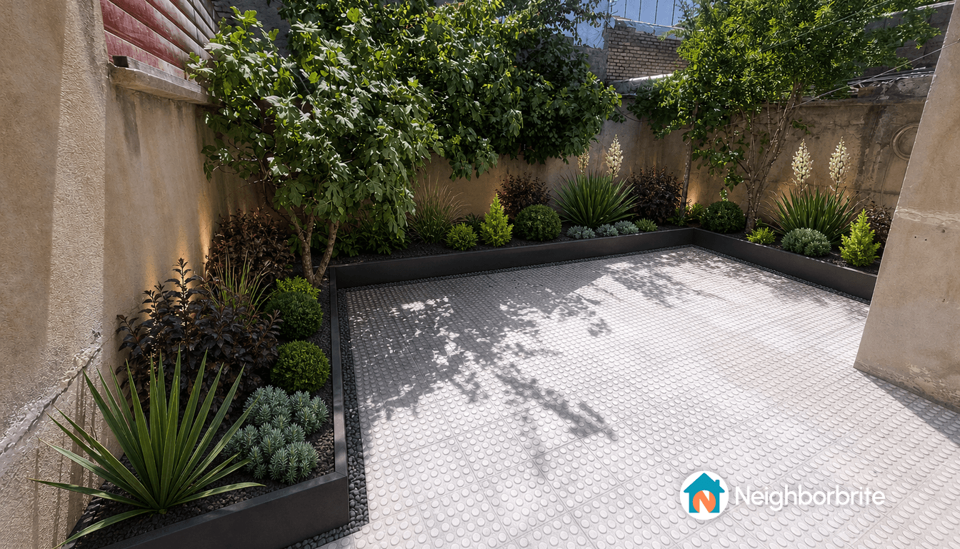 A landscaped yard featuring various plants and a central area for a pond.