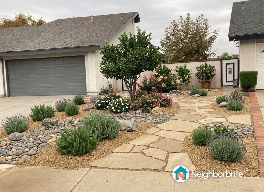 Beautifully landscaped front yard with flowers and stones.
