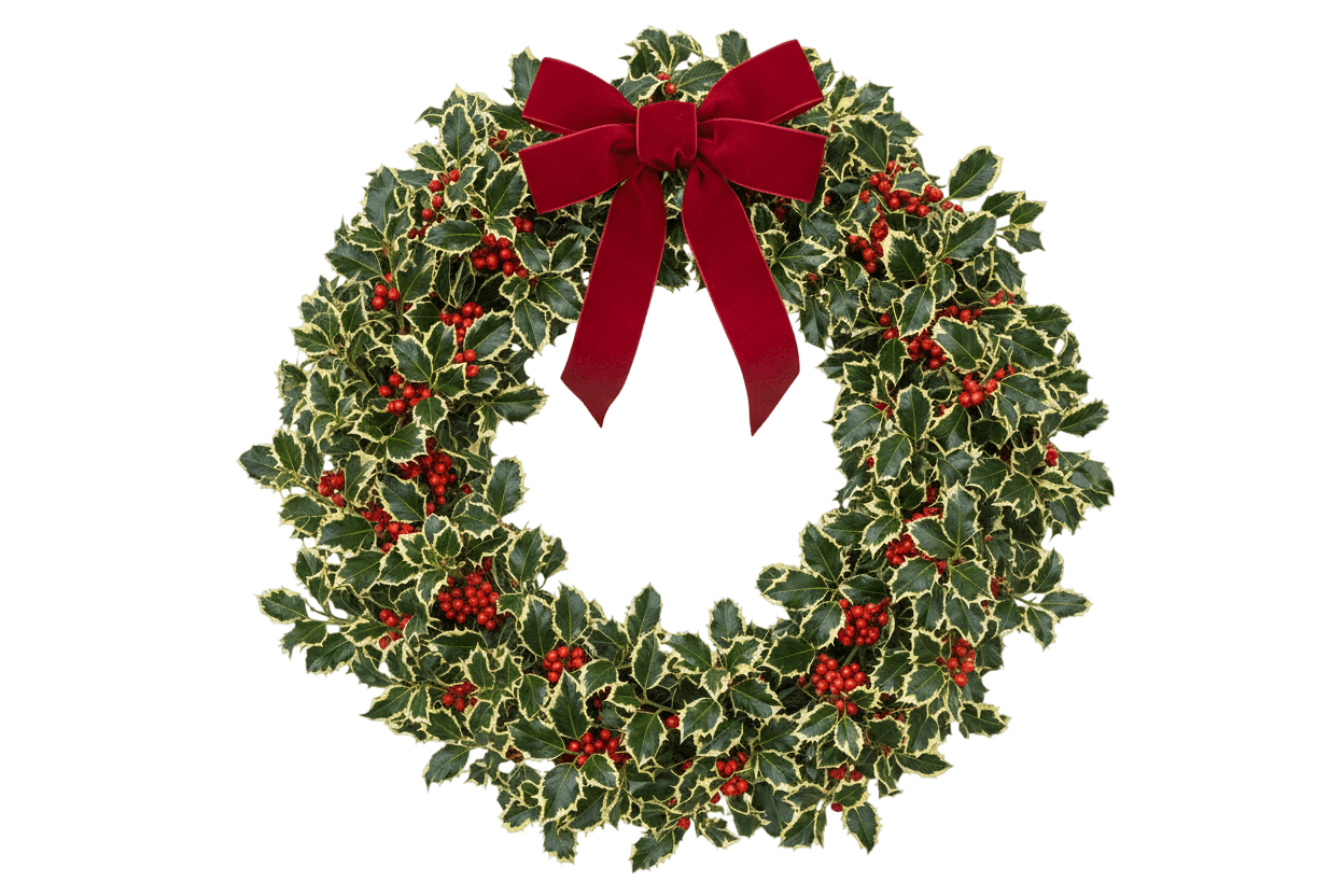 22" Holiday Wreath With Bow (Ilex Aquifolium) - Evergreen Trees