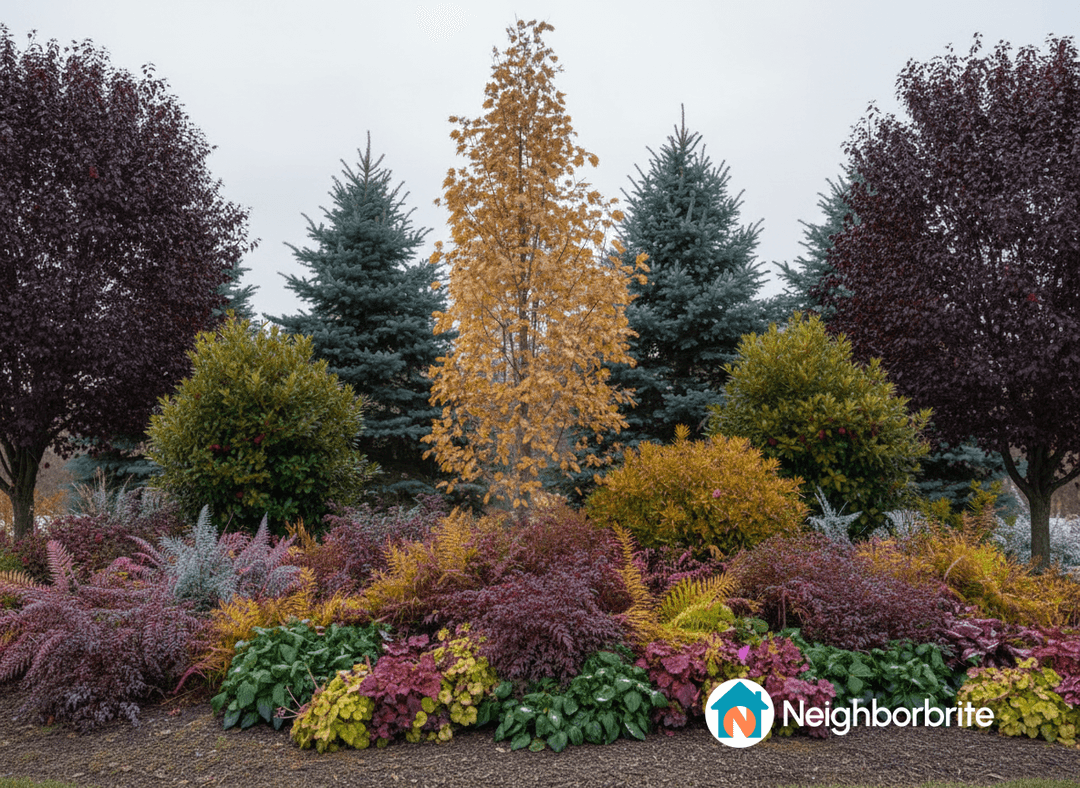 Vibrant backyard with colorful plants and trees.
