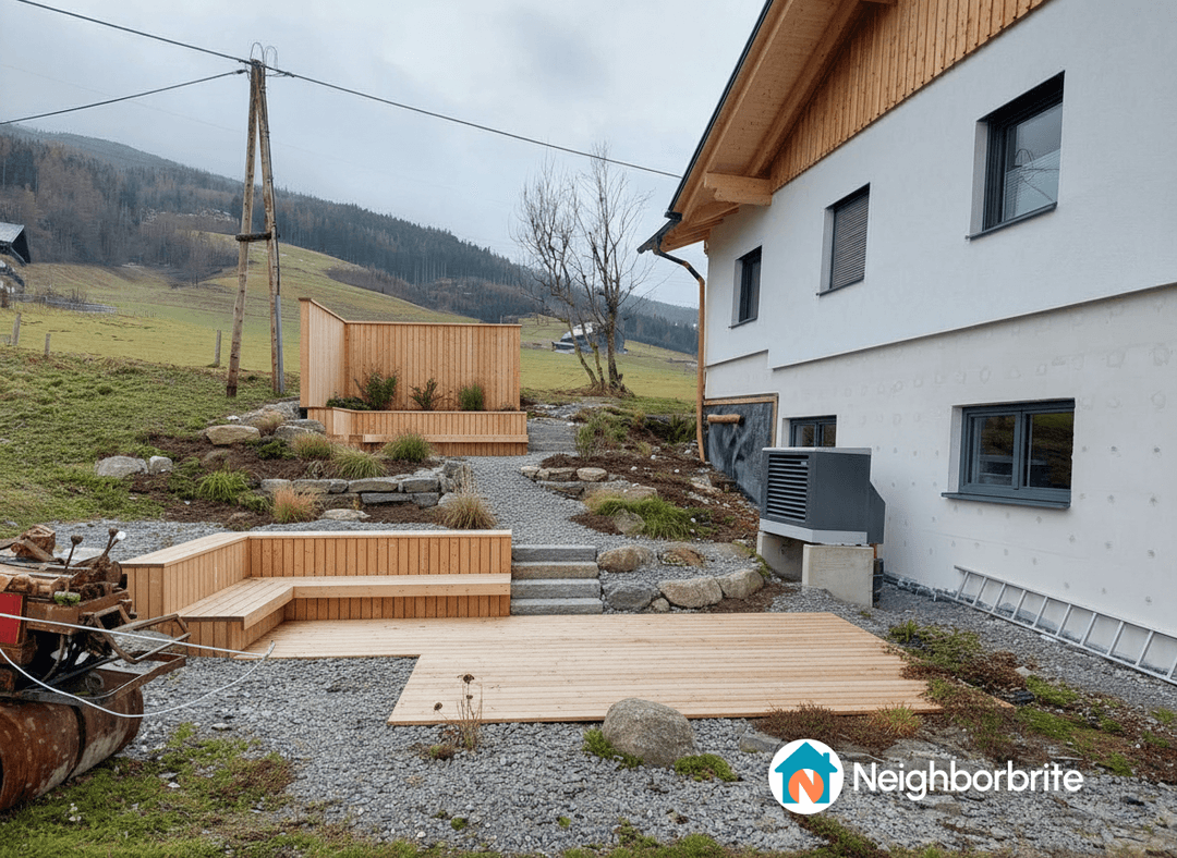 A landscaped yard featuring wooden seating and stone elements.