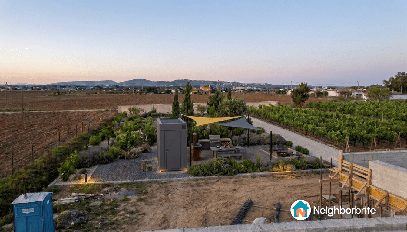 A landscaped backyard featuring a fire pit, barbecue area, and modern storage shed.