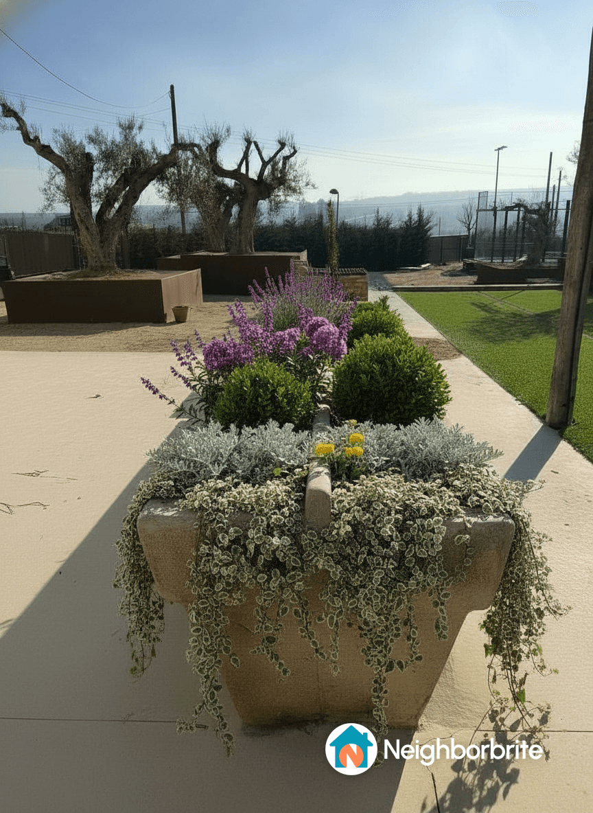 A planter filled with lavender, thyme, and other aromatic plants.