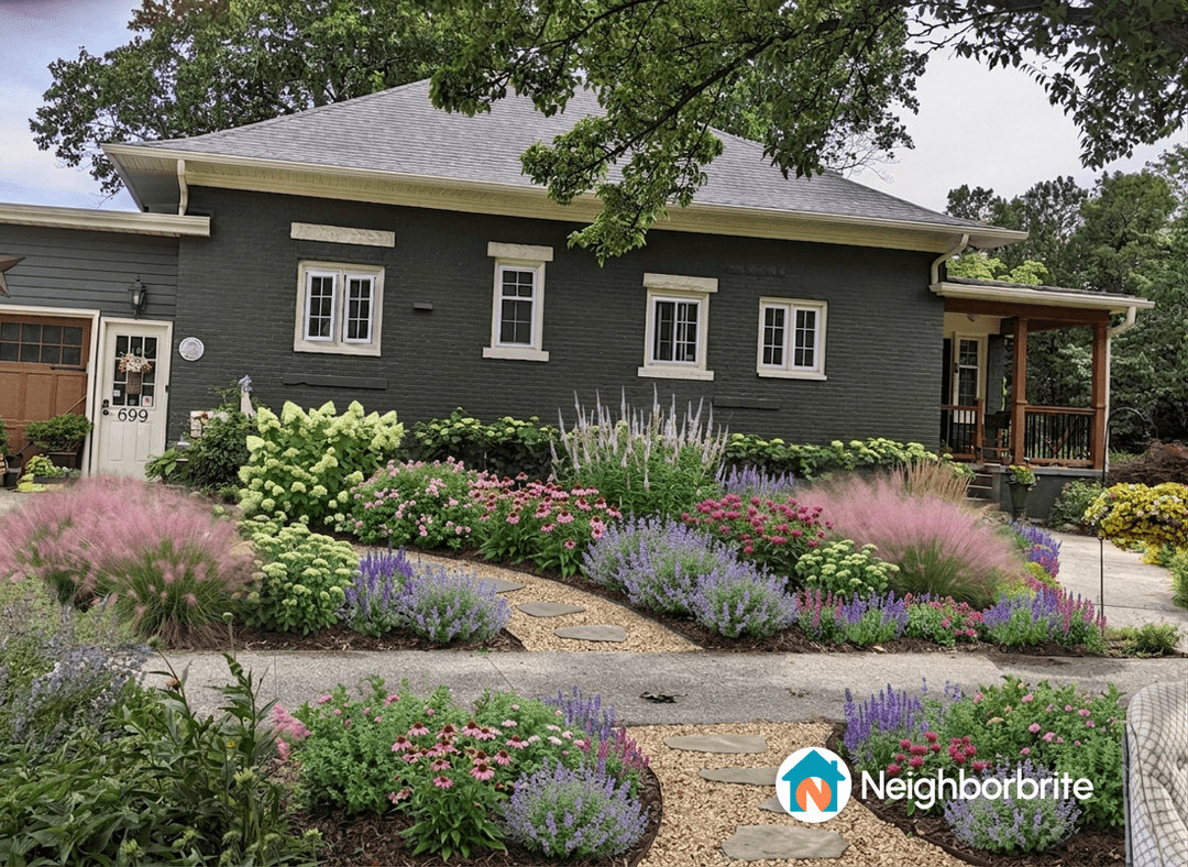 Colorful front yard with hydrangeas, pink muhly grass, and a pathway.