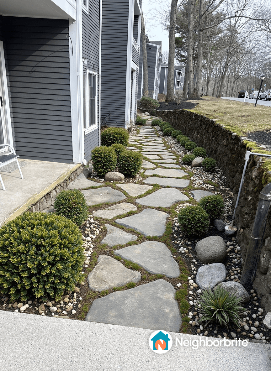 A stone pathway lined with shrubs and rocks beside a building.