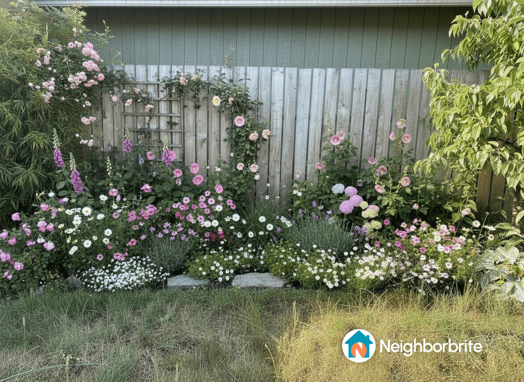 Colorful flower bed with various blooms and greenery.