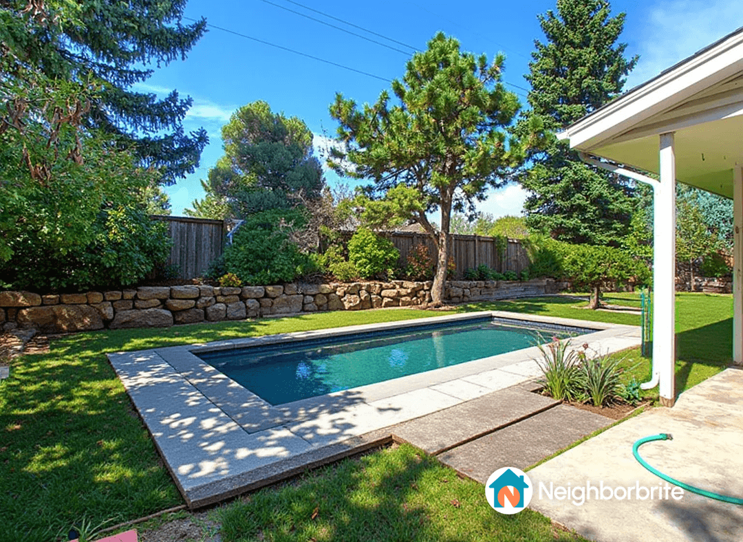 Backyard with a pool surrounded by greenery and stone walls.