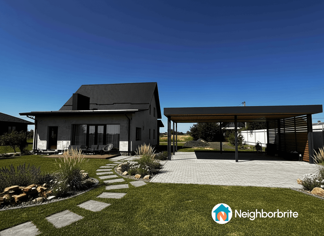 A modern house with a landscaped yard and patio area.