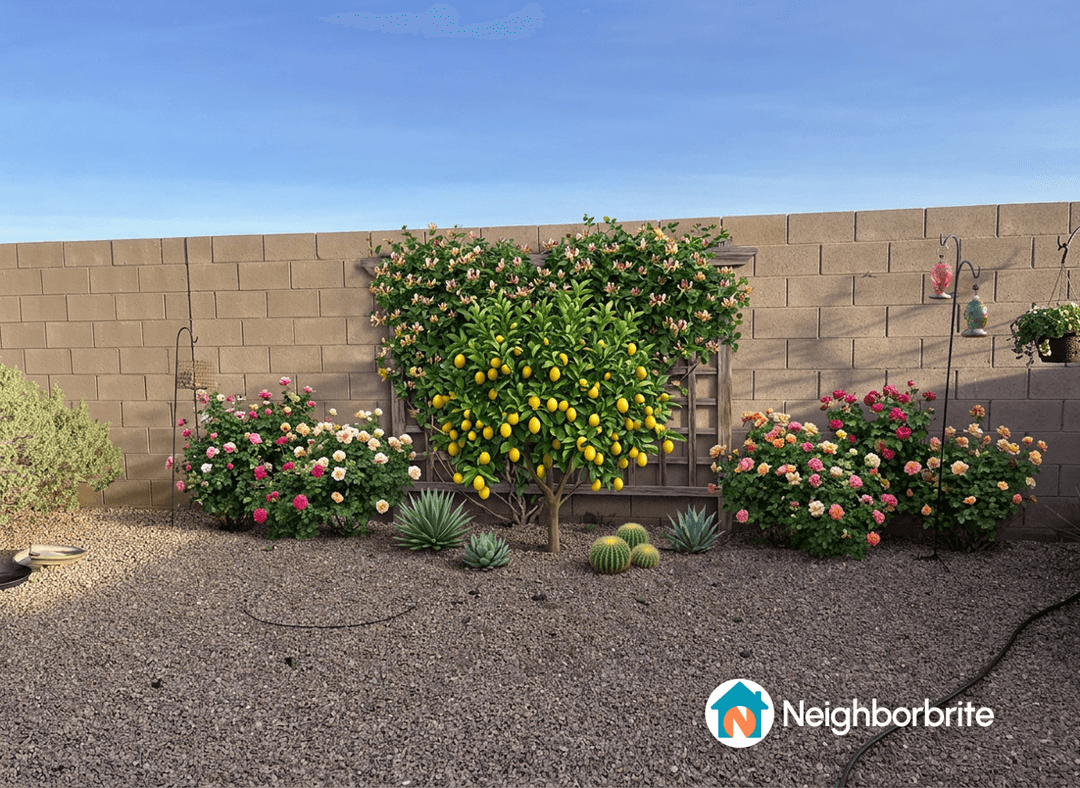 A backyard featuring a lemon tree, honeysuckle, and rose bushes.