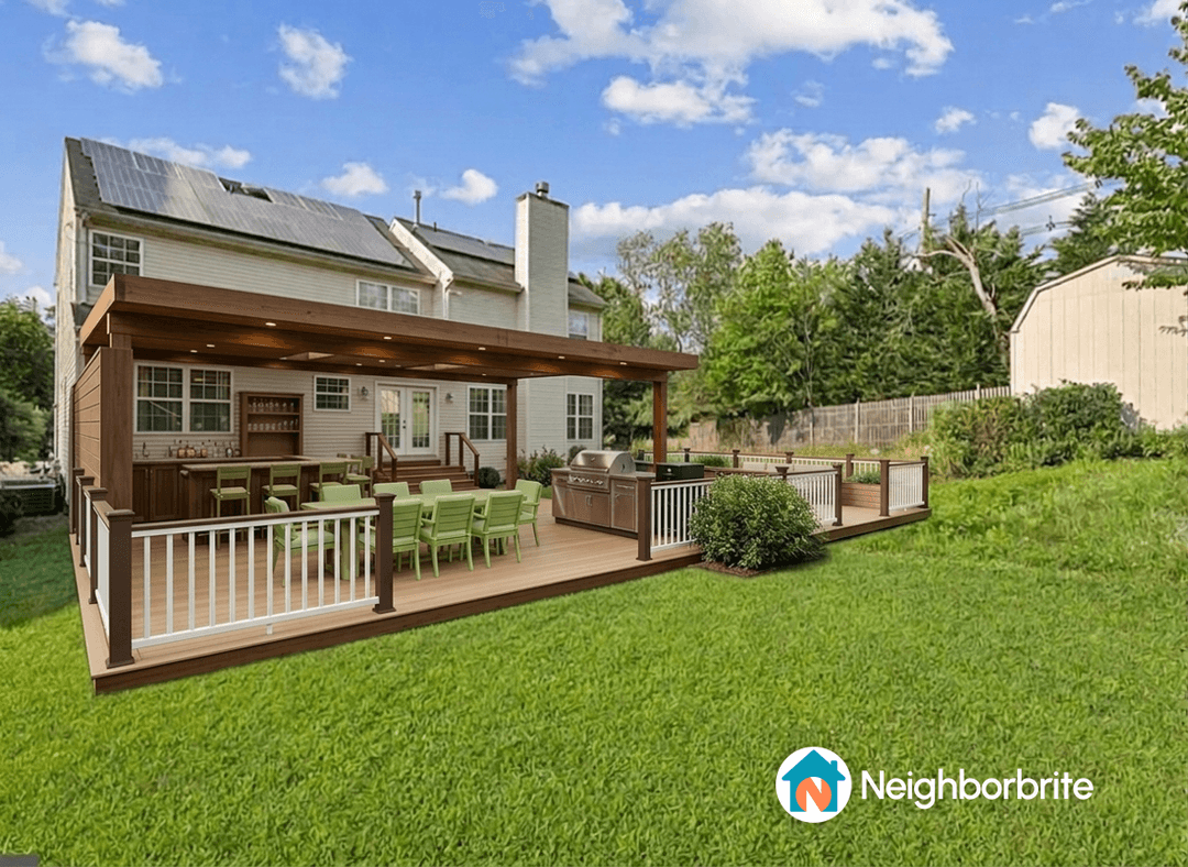 Proposed deck design featuring a covered area, grill, and seating.