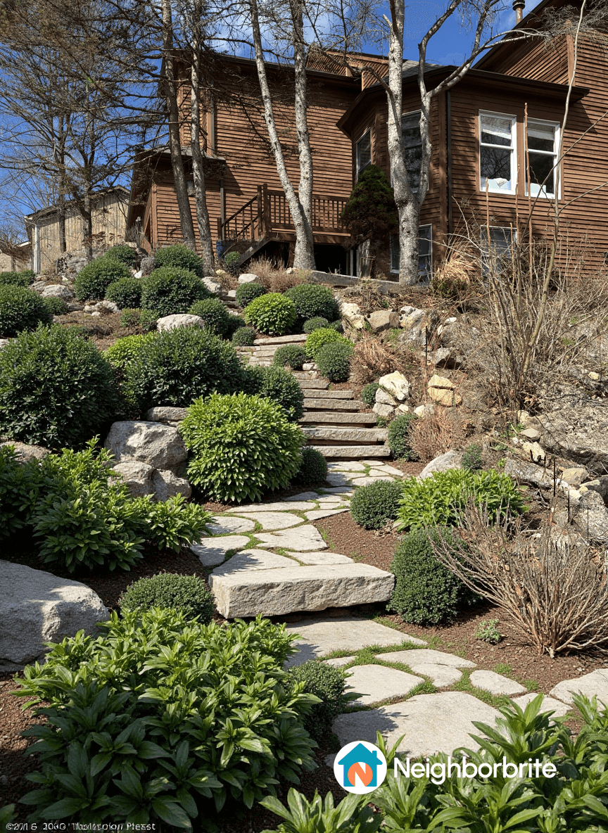 A landscaped pathway with stone steps and greenery.