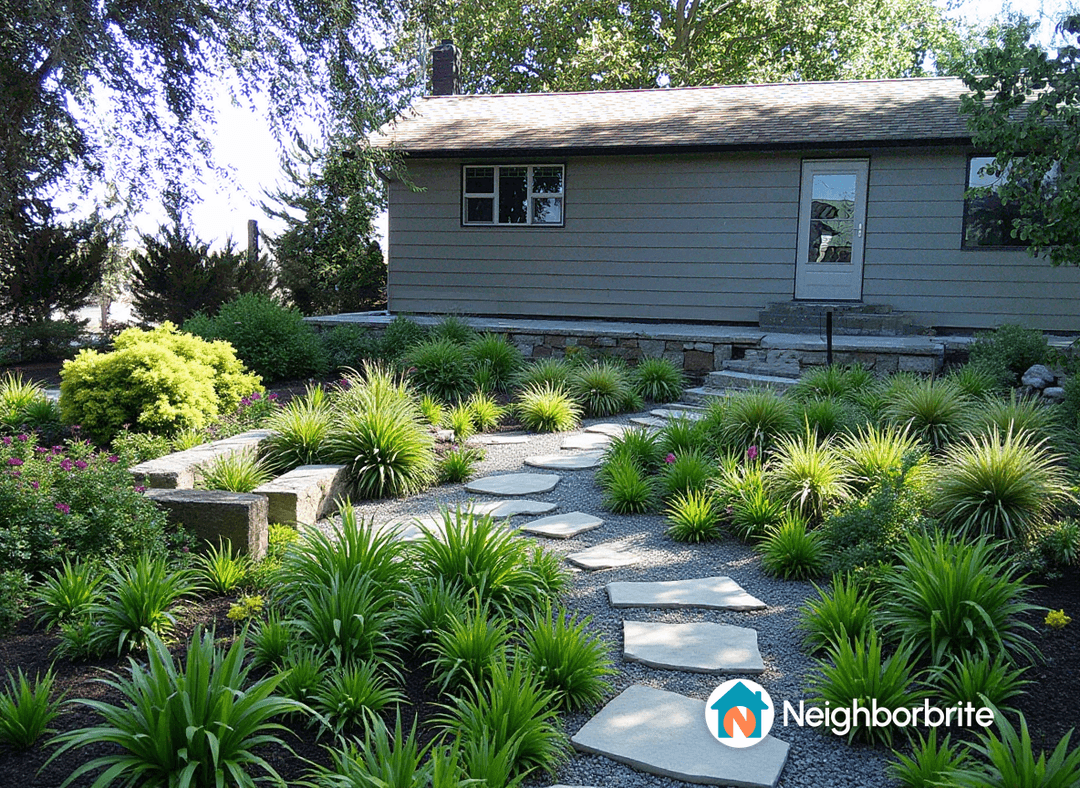 A landscaped yard featuring xeriscape plants and stone pathways.