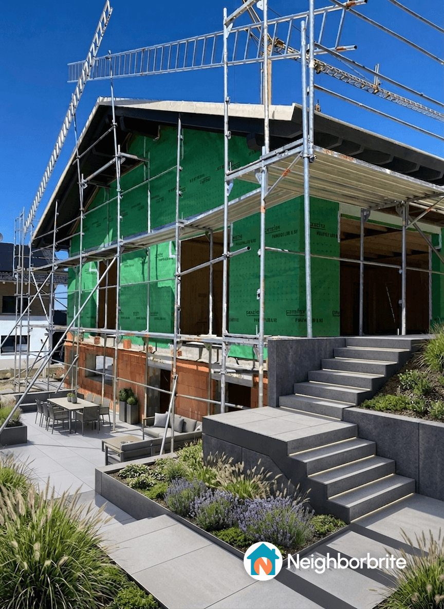 Construction site showing staircase leading to a terrace.