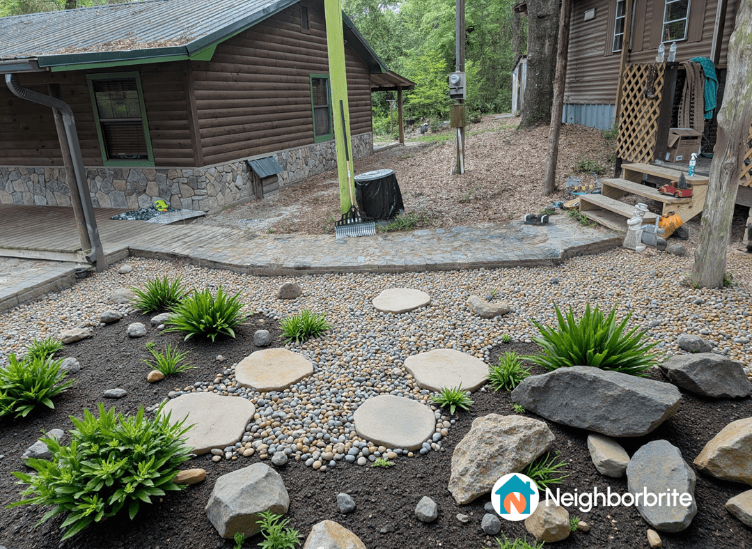 A landscaped yard featuring stepping stones, pebbles, and plants.
