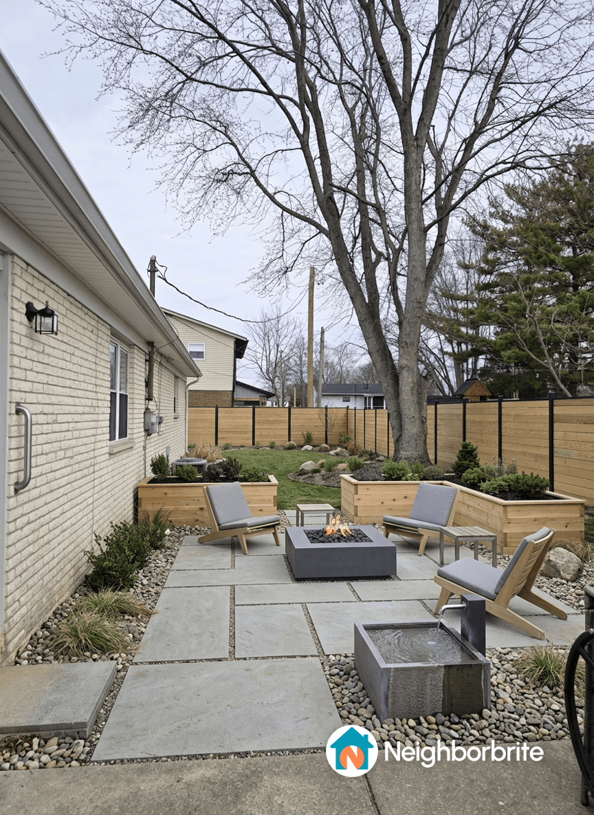 A backyard with a fire pit, seating area, and landscaped garden.