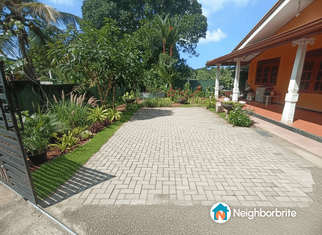 A landscaped yard with a paved parking area and various plants.