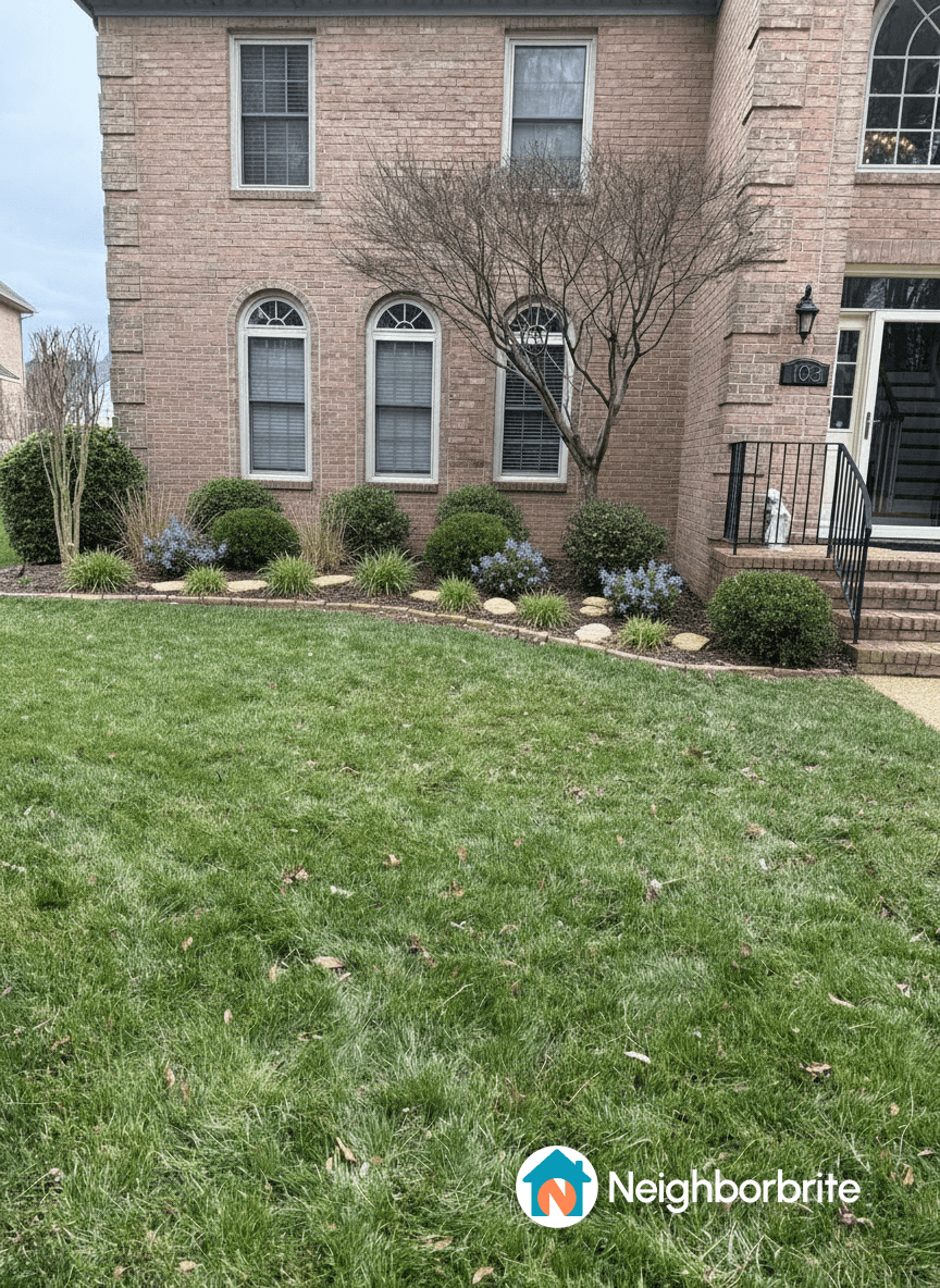 Front yard landscaping with bushes, flowers, and a brick house.