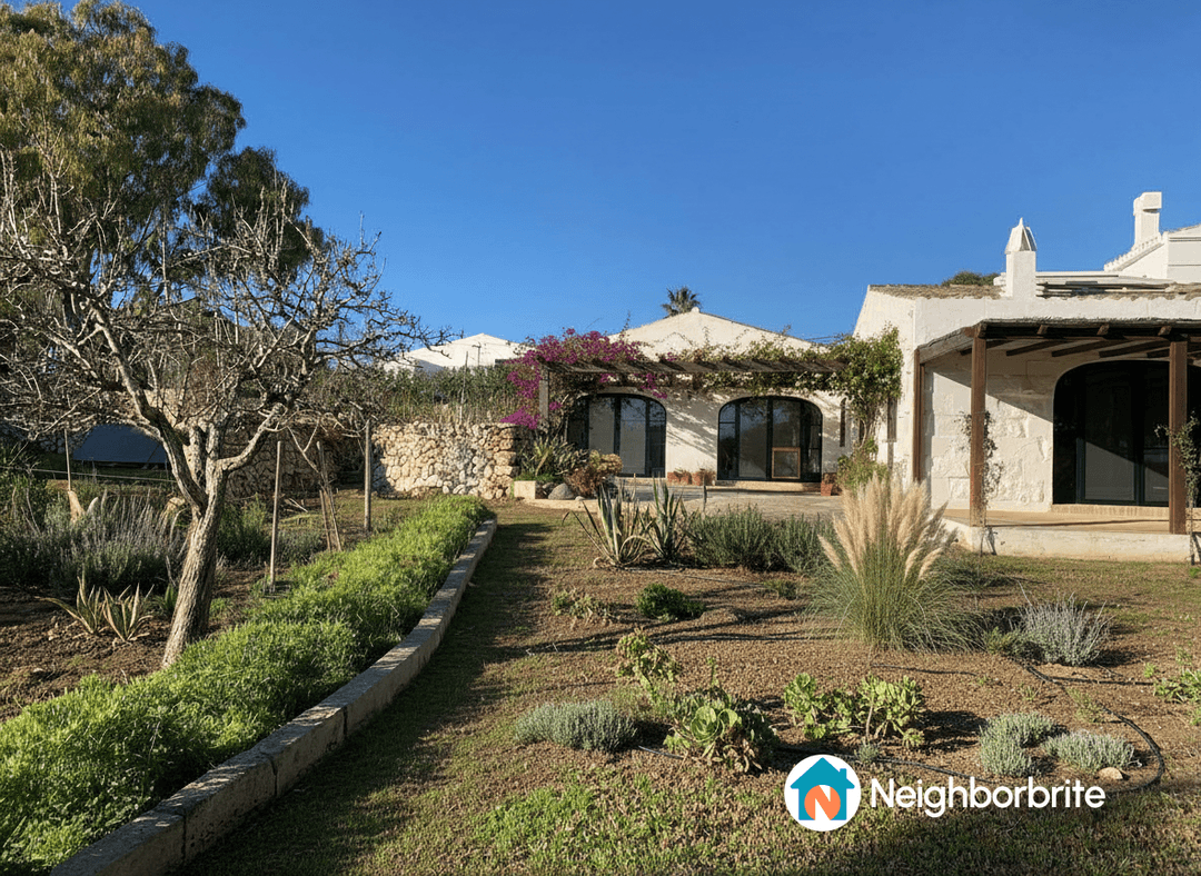 A beautiful Mediterranean garden featuring a house and plants.