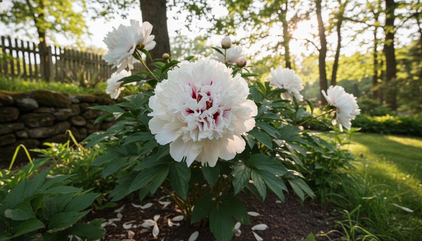 White With Red Eye Peony 'Festiva Maxima' (Paeonia 'Festiva Maxima') - Perennials