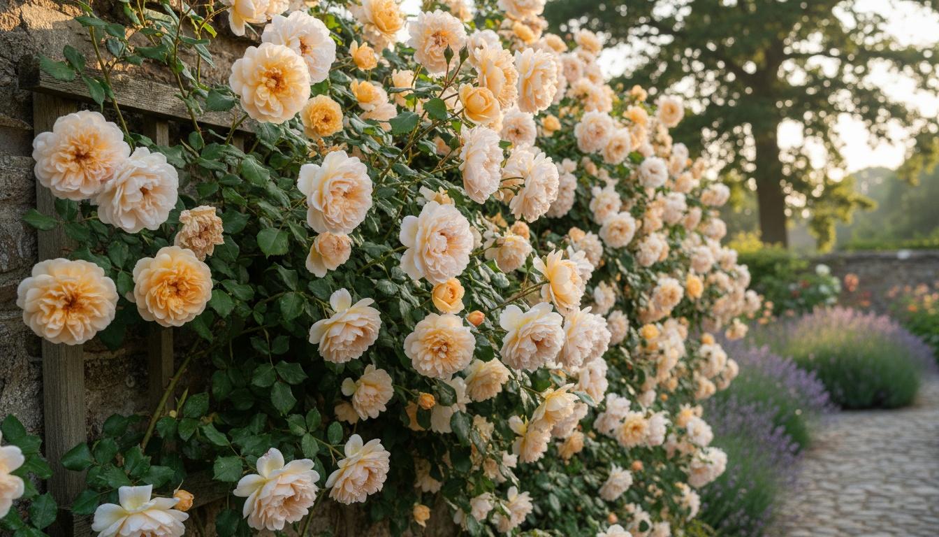 Light Apricot-Cream Climbing Roses 'Zleeltonstrack' Above And Beyond™ Above And Beyond™ (Rosa Pp24463 'Zleeltonstrack') - Ground Layers