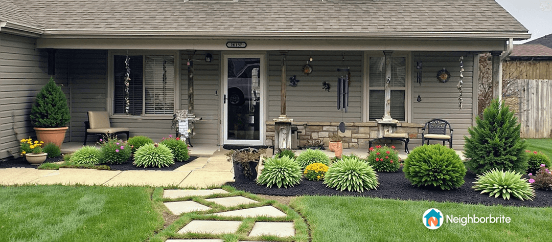 A landscaped yard with various plants and flowers in front of a house.