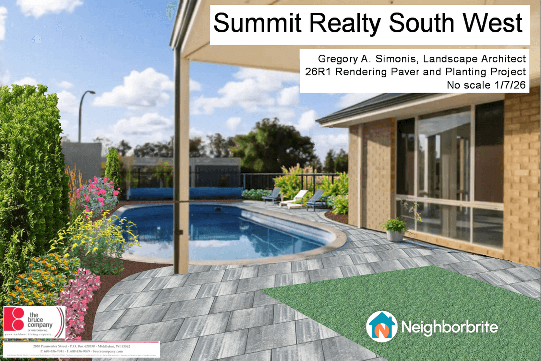 Updated patio with large pavers, artificial turf, and plants for privacy.