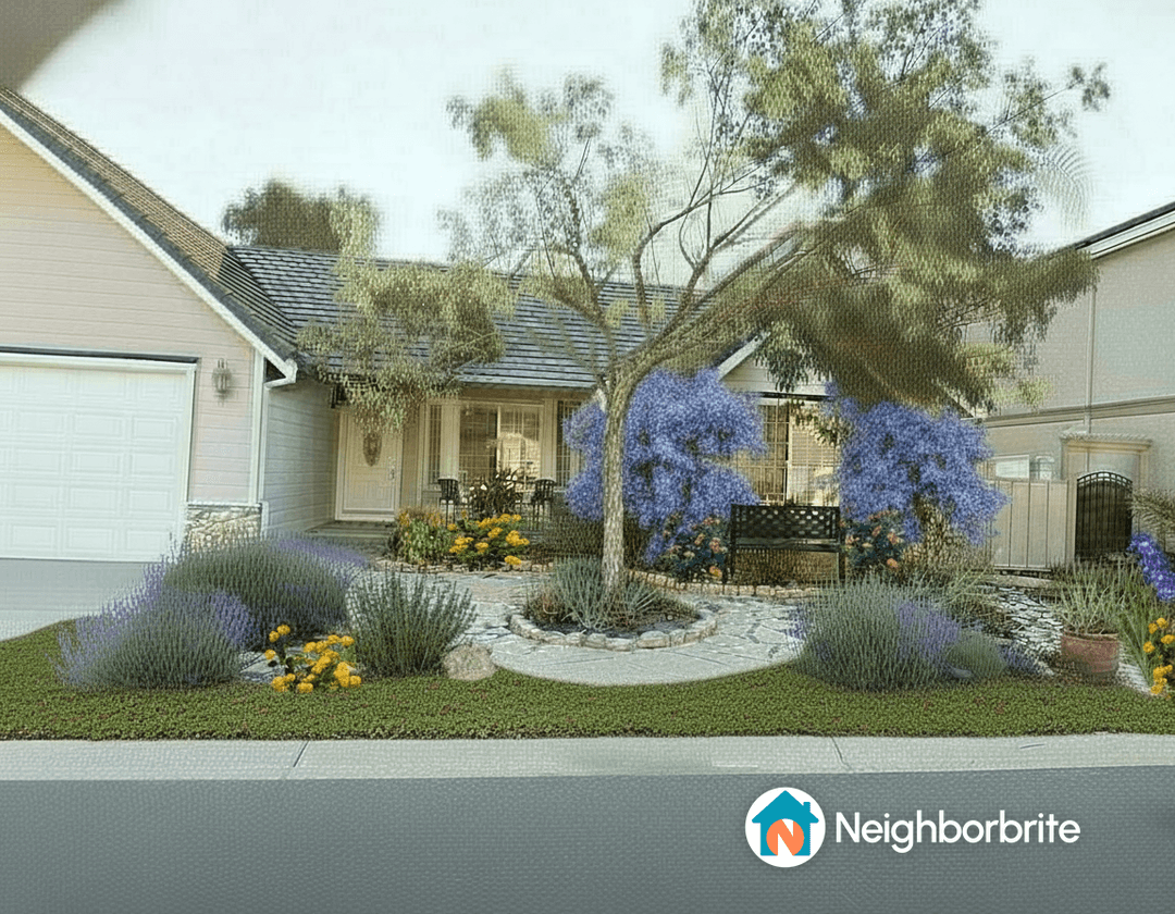 Beautiful landscaped yard with flowers, shrubs, and a bench.