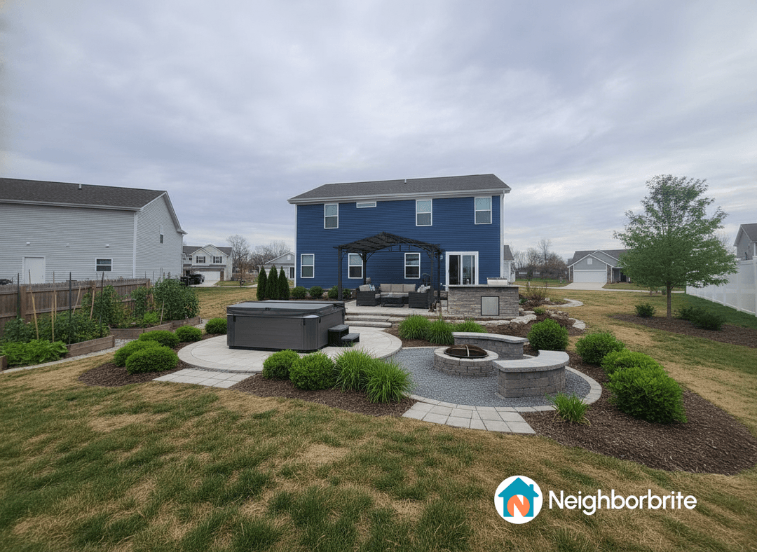 Backyard with a slightly sloped lawn, patio, and landscaping.