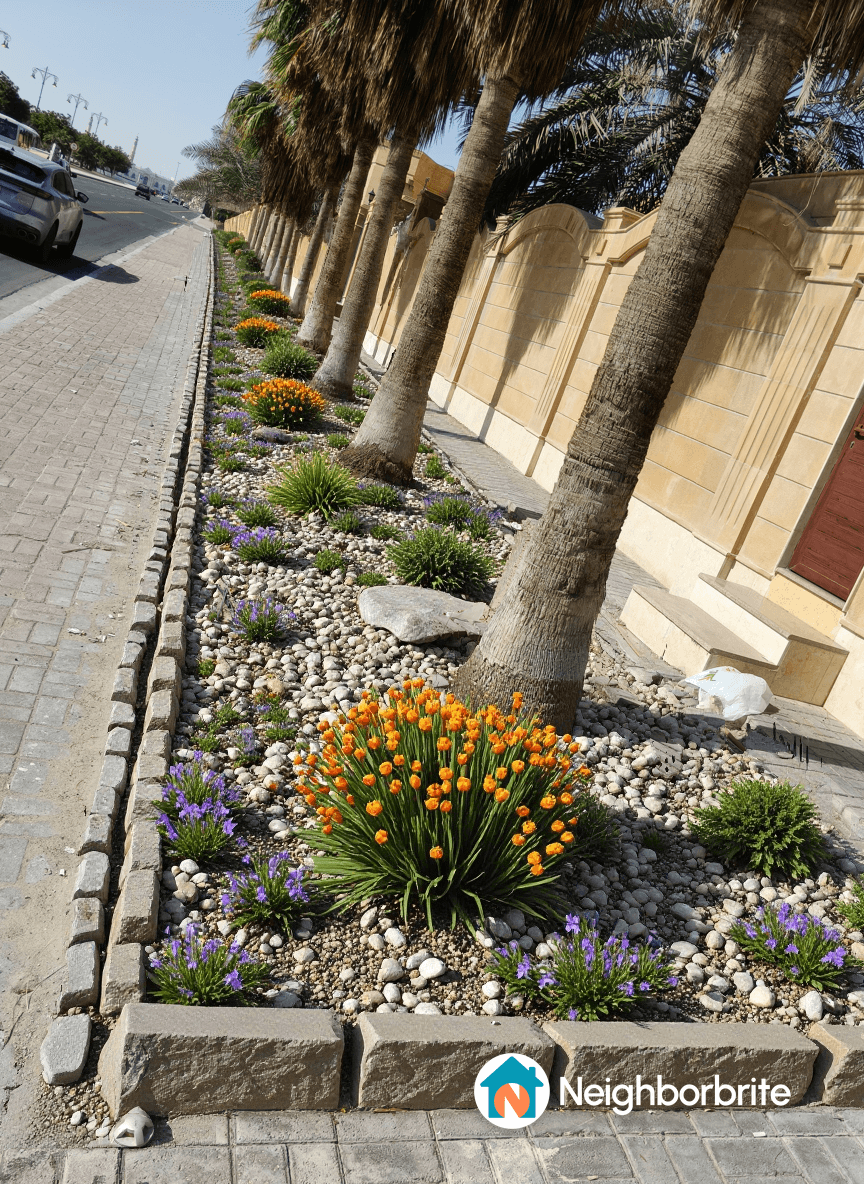 A landscaped area with palm trees, colorful flowers, and stone borders.