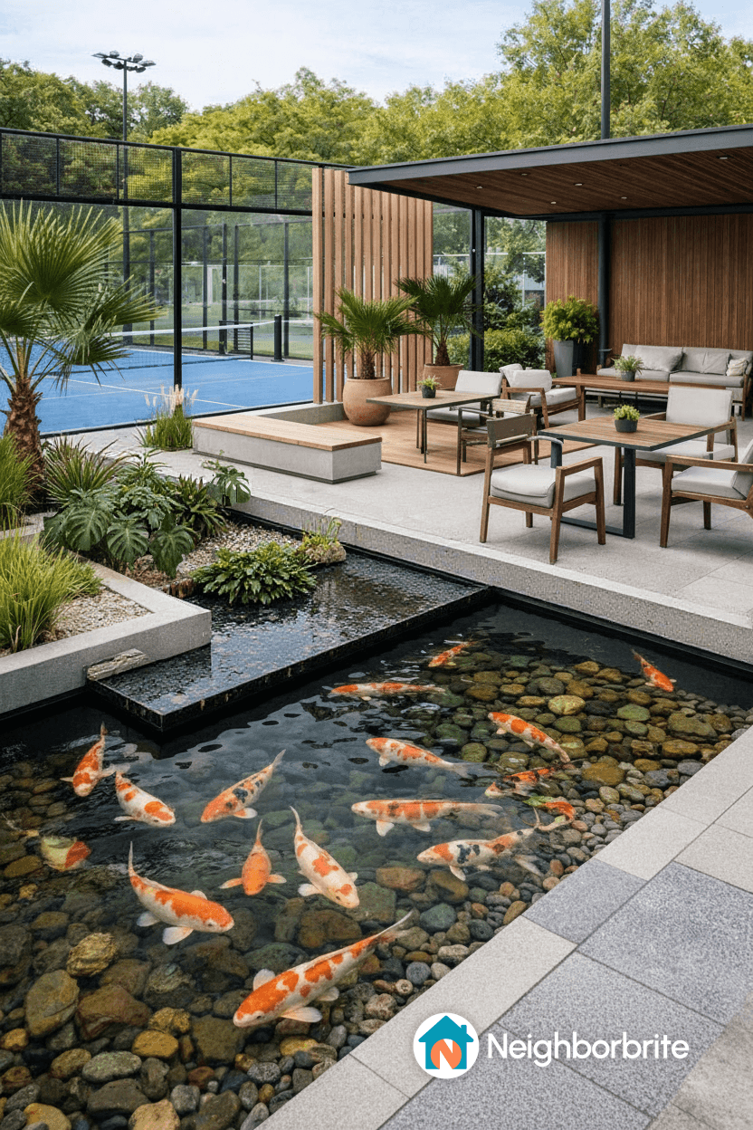 A serene koi pond with tropical plants and outdoor seating area.