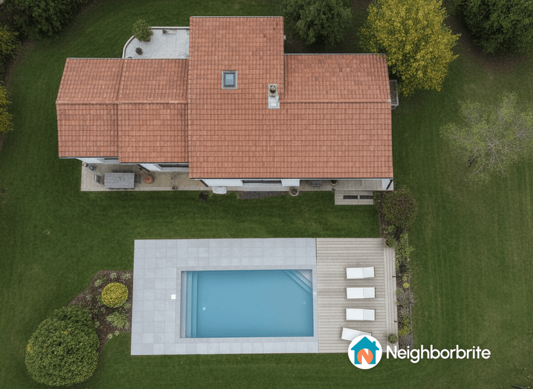 Aerial view of a house with a pool and potential terrace area.